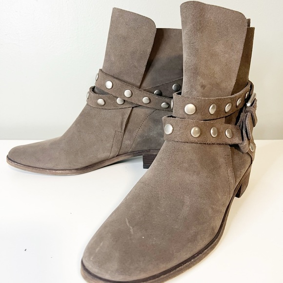 See by Chloe Neo Janis Metal Studded Buckle Suede Taupe Ankle Boot - Picture 1 of 10